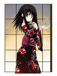 Rule 34 | 1girl, animal print, bag, black hair, fish, fish print, goldfish, japanese clothes, kimono, original, red eyes, solo