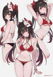 1girl :p absurdres armpits arms_behind_head arms_up artist_name ass bare_shoulders bell bikini black_choker blunt_bangs blush breasts brown_hair choker cleavage commentary_request fox_mask from_behind gradient_hair halterneck hand_up highres honkai:_star_rail honkai_(series) kneeling long_hair looking_at_viewer mark_under_both_eyes mask mask_on_head medium_breasts multicolored_bikini multicolored_clothes multicolored_hair multiple_views nail_polish navel neck_bell pink_eyes pointing pointing_at_self red_bikini red_hair red_nails side-tie_bikini_bottom simple_background smile sooon sparkle_(honkai:_star_rail) standing swimsuit thighs tongue tongue_out twintails twitter_username two-tone_bikini watermark white_background