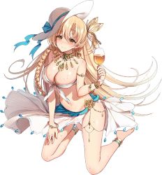 Rule 34 | 1girl, bangle, barefoot, bikini, bison cangshu, blonde hair, blush, bracelet, braid, breasts, butterfly hair ornament, cleavage, cup, earrings, front-tie bikini top, front-tie top, full body, hair ornament, hat, holding, holding cup, iron saga, jewelry, kneeling, large breasts, long hair, looking at viewer, nose blush, official art, sarong, side braid, smile, solo, sparkle, sweat, swimsuit, tilted headwear, transparent background, vanessa (iron saga), very long hair, white bikini, white hat, yellow eyes