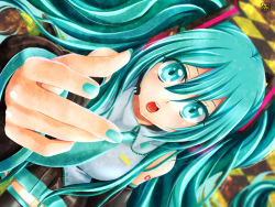 Rule 34 | 1girl, aqua eyes, aqua hair, aqua nails, bad id, bad pixiv id, detached sleeves, hatsune miku, headset, nail polish, necktie, outstretched arm, outstretched hand, pengin guriko, reaching, solo, twintails, vocaloid