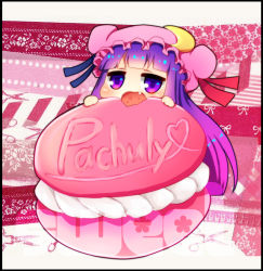 Rule 34 | 1girl, character name, chibi, crescent, eating, fang, female focus, food, hat, heart, heart of string, long hair, macaron, oversized object, patchouli knowledge, purple eyes, purple hair, rossia, solo, touhou