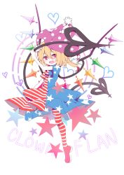 Rule 34 | 1girl, absurdres, american flag dress, american flag legwear, bing zizi, blonde hair, character name, clownpiece, clownpiece (cosplay), cosplay, fang, flandre scarlet, full body, hair between eyes, hat, heart, highres, jester cap, laevatein, looking at viewer, open mouth, pantyhose, polka dot, red eyes, red footwear, shoes, short sleeves, simple background, smile, solo, standing, standing on one leg, star (symbol), star print, striped clothes, striped pantyhose, touhou, wings