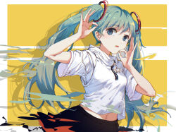 Rule 34 | 1girl, arm up, black skirt, blue eyes, commentary, double ok sign, drop shadow, green hair, hair between eyes, hand up, hatsune miku, highres, long hair, midriff peek, navel, ok sign, orange background, parted lips, shirt, short sleeves, skirt, solo, symbol-only commentary, twintails, two-tone background, very long hair, vocaloid, white background, white shirt, yue yue