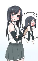 Rule 34 | 10s, 1girl, ^^^, adapted costume, arm warmers, asashio (kancolle), bad id, bad twitter id, bare shoulders, black hair, blue eyes, blush, crossed arms, gradient background, highres, inactive account, kantai collection, long hair, mitsudoue, pleated skirt, school uniform, skirt, sleeveless, suspenders, sweatdrop