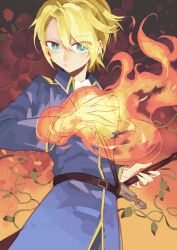 Rule 34 | 1boy, ascot, belt, blonde hair, blue coat, character request, closed mouth, coat, copyright request, fire, fire, flaming hand, gradient background, green eyes, hand on hilt, hand up, kazuya (743167), looking at viewer, magic, male focus, military, military uniform, orange background, plant, sheath, sheathed, solo, sword, uniform, vines, weapon