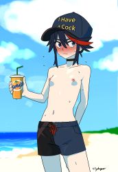 Rule 34 | 1girl, absurdres, alternate breast size, baseball cap, beach, black hair, black male swimwear, black swim trunks, blue eyes, blue male swimwear, blue swim trunks, blush, brand name imitation, breasts, choker, clothes writing, cowboy shot, cup, day, drawstring, fanta, hat, hat writing, highres, holding, holding cup, kill la kill, male swimwear, male swimwear challenge, matoi ryuuko, mmmalice, multicolored clothes, multicolored hair, multicolored male swimwear, multicolored swim trunks, multicolored swimsuit, navel, nipples, nose blush, outdoors, red hair, short hair, small breasts, solo, standing, streaked hair, sweat, swim trunks, swimsuit, topless