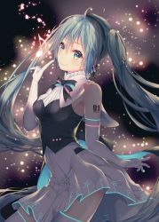 Rule 34 | 1girl, blush, breasts, closed mouth, commentary request, eighth note, elbow gloves, gloves, green eyes, green hair, hair between eyes, hand up, hatsune miku, index finger raised, light particles, long hair, looking at viewer, medium breasts, musical note, pleated skirt, shiomizu (swat), shirt, sidelocks, skirt, sleeveless, sleeveless shirt, smile, solo, thighhighs, twintails, very long hair, vocaloid, white gloves, white shirt, white skirt, white thighhighs