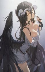 Rule 34 | 1girl, :p, absurdres, albedo (overlord), bare shoulders, black hair, black wings, breasts, commentary, demon horns, dress, feathered wings, grey background, hair between eyes, head tilt, highres, horns, hxxg, large breasts, long hair, looking at viewer, low wings, overlord (maruyama), solo, thighs, tongue, tongue out, very long hair, white dress, wings, yellow eyes