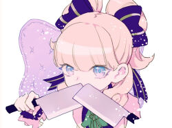 Rule 34 | 1girl, ace attorney, blonde hair, blue eyes, bow, coat, covering own mouth, hair bow, holding, holding knife, knife, long sleeves, looking at viewer, maria gorey, noi350, ponytail, simple background, solo, the great ace attorney, the great ace attorney 2: resolve, upper body, white background, white coat
