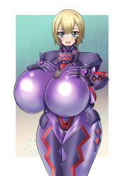Rule 34 | 1girl, armor, blonde hair, blue eyes, blush, bodysuit, codeorange162, collar, eyelashes, female focus, gundam, gundam 00, hands on own chest, highres, impossible bodysuit, impossible clothes, louise halevy, open mouth, purple bodysuit, short hair, skin tight, smile, solo, standing, thick thighs, thigh gap, thighs, wide hips