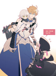 Rule 34 | 1boy, 2girls, :&lt;, :o, age difference, arm belt, armor, arms around neck, arthur pendragon (fate), back bow, bandaged arm, bandages, bare shoulders, bell sleeves, belt pouch, black bow, black dress, black footwear, black gloves, black hat, black panties, black shirt, black thighhighs, blonde hair, blue eyes, blue robe, bow, braid, breastplate, child, chinese text, clothes tug, crop top, cross-laced clothes, cross-laced sleeves, dangling, dress, facial scar, fate/grand order, fate (series), faulds, feet out of frame, gauntlets, gloves, green eyes, hair between eyes, hair bow, hair over shoulder, hat, highres, hug, hug from behind, jack the ripper (fate/apocrypha), long hair, looking at another, looking back, multiple girls, nursery rhyme (fate), open mouth, panties, pauldrons, pink bow, pouch, profile, purple eyes, robe, scar, scar across eye, scar on cheek, scar on face, shirt, short hair, shoulder armor, shoulder tattoo, sideways glance, simple background, single glove, speech bubble, standing, sweatdrop, tattoo, thighhighs, translation request, twin braids, underwear, white background, white hair, wuren daoshang dekezong