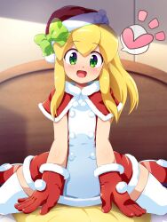 Rule 34 | 1girl, bed, blonde hair, blush, boots, capelet, child, dress, fur-trimmed headwear, fur trim, gloves, green eyes, hat, heart, highres, indoors, konpeto, long hair, looking at viewer, mega man (classic), mega man (series), open mouth, pillow, red dress, red footwear, red gloves, red hat, roll (mega man), santa hat, sitting, smile, solo, spoken heart, spread legs, thighhighs, white thighhighs