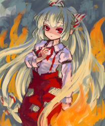 Rule 34 | 1girl, ama-tou, bad id, bad pixiv id, bow, female focus, fire, fujiwara no mokou, hair bow, hand on own chest, highres, long hair, pants, ponytail, sidelocks, solo, suspenders, touhou, very long hair