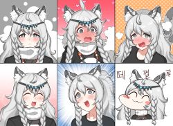 Rule 34 | 1girl, :3, @ @, ^ ^, absurdres, ahoge, anger vein, arknights, black shirt, blue background, blush, blush stickers, braid, chibi, closed eyes, emphasis lines, expressions, expressive hair, facing viewer, fangs, floral background, full-body blush, gradient background, grey background, grey eyes, grey hair, heart, highres, jewelry, long hair, looking at viewer, manggapaegtoli, multiple views, necklace, open mouth, orange background, portrait, pramanix (arknights), red background, scarf, shirt, side braids, skanehfdl33, speech bubble, tearing up, textless version, tiara, white scarf