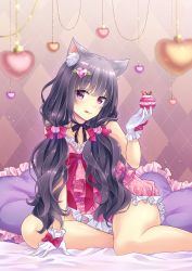 Rule 34 | 1girl, :q, aimori meguru, animal ears, argyle, argyle background, argyle clothes, bauble, bed sheet, black hair, black ribbon, blurry, blush, bow, brown background, cat ears, christmas ornaments, commentary, depth of field, dress, eyebrows, food, frilled dress, frilled pillow, frills, fruit, gloves, hair ornament, heart, heart hair ornament, heart print, highres, holding, holding food, lace, lace-trimmed dress, lace-trimmed gloves, lace trim, licking lips, long hair, looking at viewer, low twintails, macaron, original, pillow, pink bow, pink dress, pink ribbon, purple eyes, ribbon, sitting, solo, strawberry, thighs, tongue, tongue out, twintails, wavy hair, whipped cream, white gloves, yokozuwari