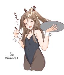 Rule 34 | 1girl, absurdres, alternate costume, black legwear, black leotard, chopsticks, cowboy shot, dated, flat chest, forehead, hair intakes, hair ribbon, high ponytail, highres, kantai collection, karla (kimidori3), leotard, light brown hair, long hair, looking at viewer, one eye closed, playboy bunny, ribbon, simple background, solo, strapless, strapless leotard, white background, zuihou (kancolle)