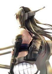 Rule 34 | 10s, 1girl, bad id, bad pixiv id, black hair, elbow gloves, fingerless gloves, gloves, headgear, kantai collection, long hair, looking away, looking up, machinery, nagato (kancolle), pleated skirt, simple background, skirt, solo, turret, white background, wind, yuihira asu