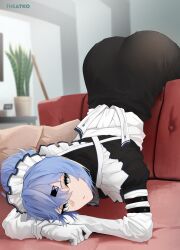 Rule 34 | 1girl, absurdres, apron, blue hair, blurry, blurry background, elbow gloves, gloves, grey eyes, hair between eyes, hair ornament, hairclip, highres, looking at viewer, lying, maid, maid apron, maid headdress, original, ponytail, saki (the atko), solo, the atko, top-down bottom-up, white gloves