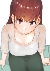 Rule 34 | 1girl, bench, blouse, breasts, brown eyes, brown hair, cowboy shot, green skirt, jewelry, kantai collection, large breasts, long hair, looking at viewer, masukuza j, ooi (kancolle), ring, shirt, simple background, sitting, skirt, solo, wedding band, wet, wet clothes, white background, white shirt