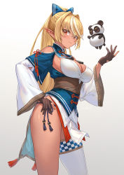 Rule 34 | 1girl, ahoge, black gloves, blonde hair, blue dress, blush, bow, breasts, china dress, chinese clothes, cleavage, closed mouth, clothing cutout, commentary, cowboy shot, dark-skinned female, dark skin, dress, eyelashes, fingerless gloves, gloves, gradient background, grey background, guchico, hair between eyes, hair bow, hand on own hip, highres, hololive, kintsuba (shiranui flare), long hair, looking at viewer, medium breasts, multicolored hair, nail polish, orange nails, panty straps, pointy ears, ponytail, red eyes, shiranui flare, shiranui flare (old design), short dress, shoulder cutout, simple background, single thighhigh, smile, streaked hair, tassel, thighhighs, thighs, two-tone hair, virtual youtuber, white background, white hair, white thighhighs, wide sleeves