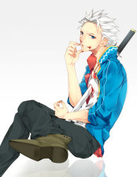 Rule 34 | 1boy, black pants, blood, blood from mouth, blue eyes, devil may cry (series), haine (howling), injury, katana, looking at viewer, male focus, medallion, pants, sitting, skirt, sleeves rolled up, smile, solo, sword, teeth, vergil (devil may cry), weapon, white background, white hair