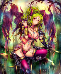 Rule 34 | 1girl, bare shoulders, breasts, choker, cleavage, gauntlets, green hair, horns, jewelry, kara (color), large breasts, long hair, looking at viewer, navel, necklace, pink eyes, pink thighhighs, ring, shingoku no valhalla gate, sitting, smile, solo, thighhighs, wings