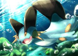 Rule 34 | black eyes, bubble, colored sclera, creatures (company), fang, game freak, gen 3 pokemon, light beam, looking at viewer, looking to the side, nintendo, no humans, open mouth, orange sclera, pokemon, pokemon (creature), rowdon, skin fang, solo, swampert, swimming, tongue, underwater
