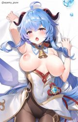 Rule 34 | 1girl, ahoge, arm up, armpits, ayamy, bare arms, bare shoulders, bed sheet, bell, blue hair, blush, bodystocking, breasts, breasts apart, breasts out, chinese knot, clothes lift, collar, commentary, covered navel, cowbell, cowboy shot, detached collar, from above, ganyu (genshin impact), genshin impact, gluteal fold, goat horns, gold trim, gradient eyes, hair between eyes, hand up, highleg, highleg leotard, highres, horns, large breasts, leotard, leotard under clothes, long hair, looking at viewer, lying, multicolored eyes, neck bell, nipples, no detached sleeves, on back, open mouth, pelvic curtain, pelvic curtain lift, purple eyes, sheet grab, sidelocks, solo, thighs, tongue, tongue out, twitter username, very long hair, vision (genshin impact), white collar
