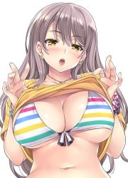 Rule 34 | 1girl, bangle, bikini, bracelet, breasts, clothes lift, earrings, gold, grey hair, heart, heart earrings, heart necklace, jewelry, large breasts, lifting own clothes, long hair, looking at viewer, mizuhara yuu, navel, necklace, open mouth, original, scrunchie, shirt, shirt lift, sidelocks, simple background, skindentation, solo, stomach, striped bikini, striped clothes, swimsuit, teeth, upper teeth only, white background, wrist scrunchie, yellow eyes, yellow shirt