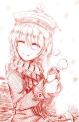 Rule 34 | 1girl, blush, coat, crescent, eating, closed eyes, female focus, hat, kazetto, lunasa prismriver, monochrome, scarf, short hair, sitting, sketch, smile, solo, touhou, winter clothes