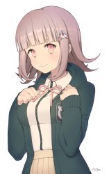 Rule 34 | 1girl, aki aiko, artist name, beige skirt, black jacket, breasts, closed mouth, commentary request, danganronpa (series), danganronpa 2: goodbye despair, flipped hair, hair ornament, hairclip, hand on own chest, highres, hood, hoodie, jacket, long sleeves, looking at viewer, nanami chiaki, pink eyes, pink hair, pink neckwear, pink ribbon, pleated skirt, ribbon, shirt, short hair, simple background, skirt, smile, solo, upper body, white background, white shirt