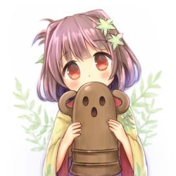 Rule 34 | 1girl, blush, flower knight girl, hair ornament, haze (flower knight girl), japanese clothes, kimono, leaf hair ornament, looking at viewer, purple hair, red eyes, short hair, solo, upper body, ushi (ushi22), white background