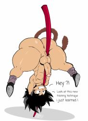 Rule 34 | 1boy, abs, anus, artist logo, ass, black eyes, black hair, dragon ball, english text, highres, huge ass, male focus, monkey tail, naughtypaw, nude, penis, saiyan, shadow, shoes only, smile, son goku, tail, testicles, thick thighs, thighs, upside-down, weapon