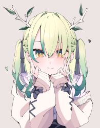 1girl antlers black_bow black_ribbon bow bright_pupils cardigan ceres_fauna ceres_fauna_(jirai_kei) closed_mouth cross-laced_clothes cross-laced_sleeves fingernails gradient_hair green_hair grey_background hair_between_eyes hair_over_one_eye hair_ribbon half_up_braid hands_on_own_chin hands_on_own_face head_rest heart highres hololive hololive_english horns knowa_0527 leaf light_smile long_sleeves looking_at_viewer multicolored_hair official_alternate_costume official_alternate_hairstyle open_cardigan open_clothes purple_shirt ribbon shirt simple_background single_off_shoulder sleeve_bow sleeves_past_wrists solo split_mouth straight-on tree_horns two-tone_hair two_side_up upper_body virtual_youtuber white_cardigan white_pupils yellow_eyes