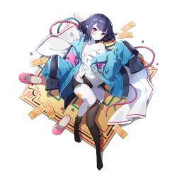 Rule 34 | 1girl, artist request, asymmetrical legwear, beads, black shorts, black socks, blue coat, blue skin, blush, coat, colored skin, eversoul, flat chest, full body, game cg, highres, hime cut, jiangshi, long sleeves, looking at viewer, looking to the side, loose clothes, lying, nini (eversoul), off shoulder, official alternate costume, official alternate hairstyle, official art, on back, open mouth, overcoat, pink footwear, pointy ears, prayer beads, purple hair, red eyes, shirt, short hair, shorts, single sock, single thighhigh, sleeves past fingers, sleeves past wrists, slippers, socks, solo, tachi-e, talisman, thighhighs, transparent background, uneven legwear, white shirt