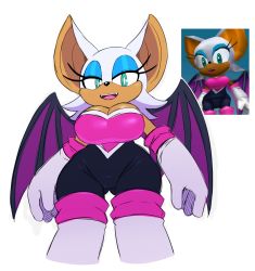 Rule 34 | 1girl, bodysuit, breasts, bright pupils, bursting breasts, cleavage, curvy, eric lowery, eyelashes, fangs, from below, furry, furry female, gloves, green eyes, highres, large breasts, looking at viewer, looking down, open mouth, reference inset, rouge the bat, screencap, smile, sonic (series), sonic adventure 2, white background, white gloves, white hair, white pupils, wide hips