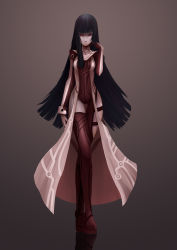 Rule 34 | 1girl, absurdres, adapted costume, alternate costume, black hair, bodysuit, chongtian yixiao shualuanfei, full body, highres, hime cut, houraisan kaguya, long hair, looking at viewer, red eyes, reflection, reflective floor, science fiction, simple background, solo, touhou, very long hair