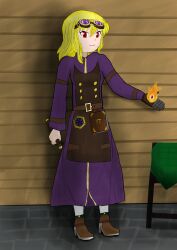 Rule 34 | absurdres, belt, blonde hair, book, dress, fireball, goggles, goggles on head, highres, holding, holding wand, kirisame marisa, magic, minecraft, nitor, purple dress, red eyes, smile, thaumcraft, thaumometer, touhou, wand