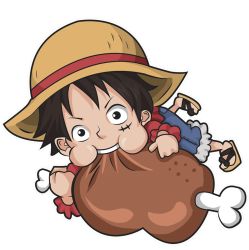 Rule 34 | 1boy, ari rayoko, chibi, eating, food, hat, long sleeves, lowres, male focus, meat, monkey d. luffy, one piece, red shirt, sandals, shirt, shorts, solo, straw hat