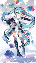 Rule 34 | 1girl, ahoge, aqua hair, boots, cube, gloves, gradient background, green eyes, hand on own hip, hatsune miku, highres, kari kenji, knee boots, long hair, looking at viewer, magical mirai (vocaloid), magical mirai miku, magical mirai miku (2015), necktie, open mouth, pigeon-toed, skirt, solo, thigh strap, thighhighs, twintails, very long hair, vocaloid