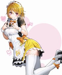 Rule 34 | 1girl, blonde hair, bow, bowtie, brown hair, closed mouth, commentary request, heart, heart-shaped pupils, heart hands, highres, koizumi hanayo, looking at viewer, love live!, love live! school idol project, maid, maid headdress, mogyutto &quot;love&quot; de sekkin chuu!, nakano maru, orange bow, orange bowtie, pink eyes, short hair, smile, solo, symbol-shaped pupils, thighhighs, thighs, white background, white thighhighs