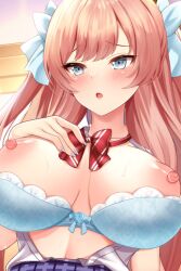 Rule 34 | bra, bra pull, breasts, breasts out, clothes pull, game cg, huge breasts, indoors, long hair, nijigen kanojo, nipples, ribbon, solo, tachihi nana, underwear, undressing