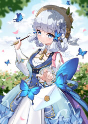 Rule 34 | 1girl, ayaka (genshin impact), blue dress, blue eyes, blue hair, blunt bangs, braid, bug, butterfly, butterfly hair ornament, chinese commentary, closed mouth, collar, commentary request, dress, flower, frilled dress, frills, genshin impact, hair flower, hair ornament, hair up, hand up, hat, hat flower, hat ribbon, high collar, highres, holding, holding pen, insect, kamisato ayaka, kamisato ayaka (springbloom missive), letter, light blue hair, long sleeves, looking at viewer, official alternate costume, pen, puffy long sleeves, puffy sleeves, ribbon, smile, solo, upper body, white collar, yu e baba