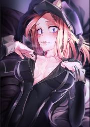 Rule 34 | 10s, 1girl, absurdres, bed sheet, blonde hair, blue eyes, blush, bodysuit, boku no hero academia, breasts, cleavage, collarbone, hands on own chest, hat, heavy breathing, highres, impossible clothes, kidmukuro, large breasts, long hair, looking at viewer, lying, no bra, on back, open bodysuit, open clothes, parted lips, peaked cap, short hair, solo, suggestive fluid, unzipped, upper body, utsushimi kemii