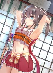 Rule 34 | 3girls, :3, :d, animal ears, armpits, blue eyes, bow, brown hair, clothing cutout, commentary request, cowboy shot, crop top, fox ears, highres, hitachi sou, hololive, houshou marine, looking at viewer, midriff, miniskirt, mouth hold, multiple girls, natsuiro matsuri, natsuiro matsuri (new year), new year, open mouth, orange bow, orange sash, pleated skirt, red hair, red skirt, ribbon, ribbon in mouth, shirakami fubuki, shirt, side cutout, skirt, sliding doors, smile, solo focus, stomach, striped, striped bow, tying hair, virtual youtuber, white bow, white hair, white shirt