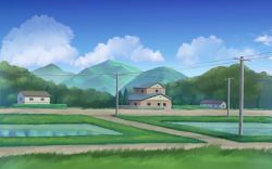 Rule 34 | bad id, bad pixiv id, biako, blue sky, bush, cloud, commentary request, day, grass, hedge, highres, house, mountain, no humans, original, outdoors, power lines, revision, rice paddy, road, rural, scenery, sky, utility pole, water, window