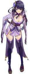 Rule 34 | 1girl, absurdres, braid, full body, genshin impact, hands on own hips, highres, japanese clothes, jsscj, kimono, leaning forward, low-braided long hair, low-tied long hair, obi, purple kimono, raiden shogun, sash, simple background, solo, thighhighs, thighs, white background