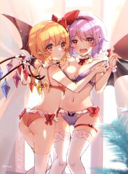 Rule 34 | 2girls, ass, bat wings, black hairband, blonde hair, blush, bra, breasts, bridal garter, chromatic aberration, cleavage, commentary request, crystal, detached collar, fangs, flandre scarlet, hairband, highres, kirero, looking at viewer, medium breasts, multiple girls, open mouth, panties, pointy ears, purple bra, purple hair, purple panties, red bra, red eyes, red panties, remilia scarlet, short hair, siblings, sisters, standing, thigh strap, thighhighs, touhou, underwear, underwear only, white legwear, wings