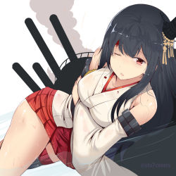 Rule 34 | 10s, 1girl, black hair, blood, blood on face, breasts, cleavage, fusou (kancolle), hair ornament, kantai collection, long hair, nontraditional miko, one eye closed, partially submerged, pleated skirt, red eyes, simple background, skirt, solo, sts