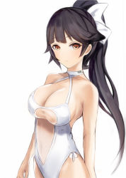 Rule 34 | 1girl, arms at sides, azur lane, bare shoulders, black hair, blunt bangs, blush, bow, breasts, casual one-piece swimsuit, choker, cleavage, closed mouth, covered navel, criss-cross halter, hair bow, halterneck, high ponytail, large breasts, light frown, long hair, nannacy7, one-piece swimsuit, ponytail, ribbon, see-through, simple background, solo, swimsuit, takao (azur lane), takao (beach rhapsody) (azur lane), upper body, white background, white one-piece swimsuit, white ribbon